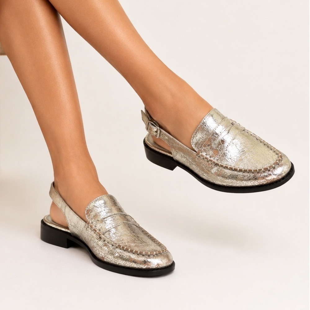Dolce Vita Silver Metallic Crackled Leather Slingback Penny Loafers Size 9 NWOB